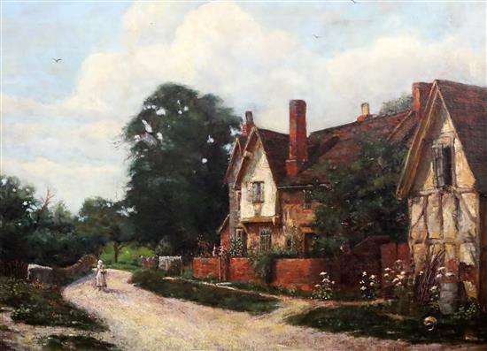 After De Breanski Maid on a lane passing a country house, a sketch verso 21.25 x 29.5in.